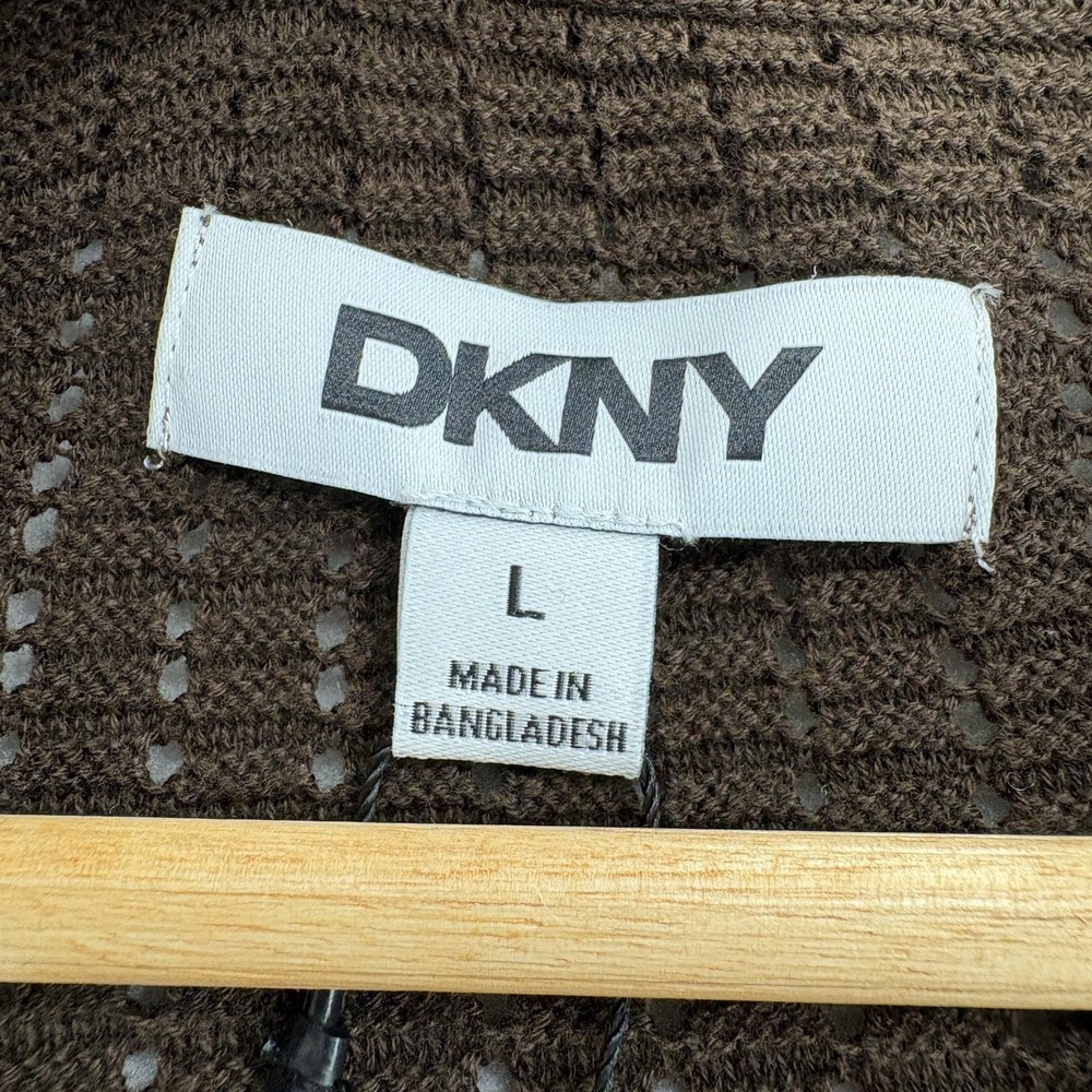 DKNY Crochet Cotton Knit Polo Sweater Mens L Brown Button Front Short Sleeve NWT - Picture 4 of 13
